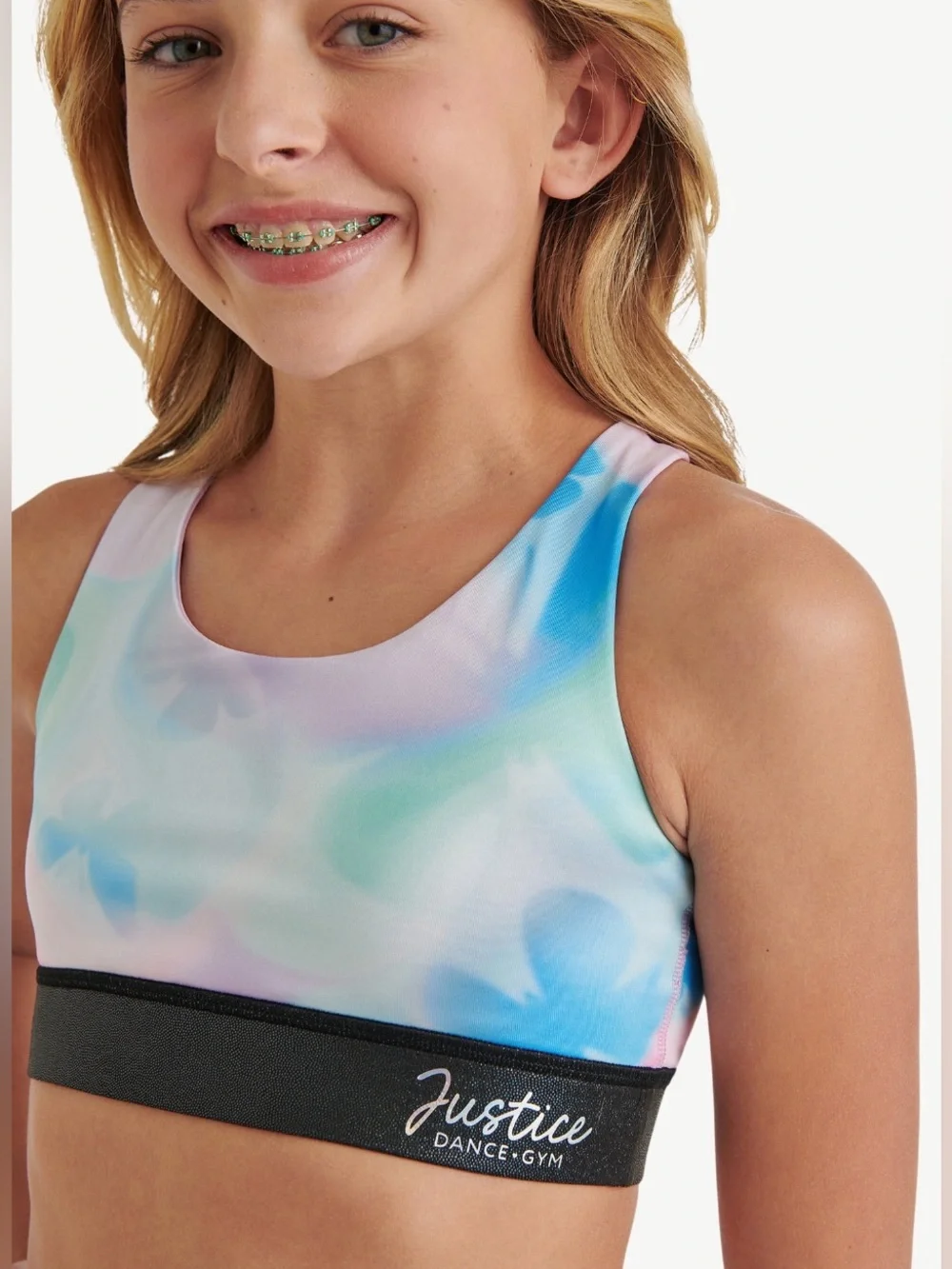 Justice Pastel Tie-Dye Sports Bra - Pink Blue Purple with Black Band